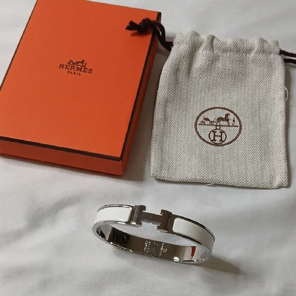 Hermes White and Silver Enamel 'H' Cuff Bracelet - Picture 2 of 4